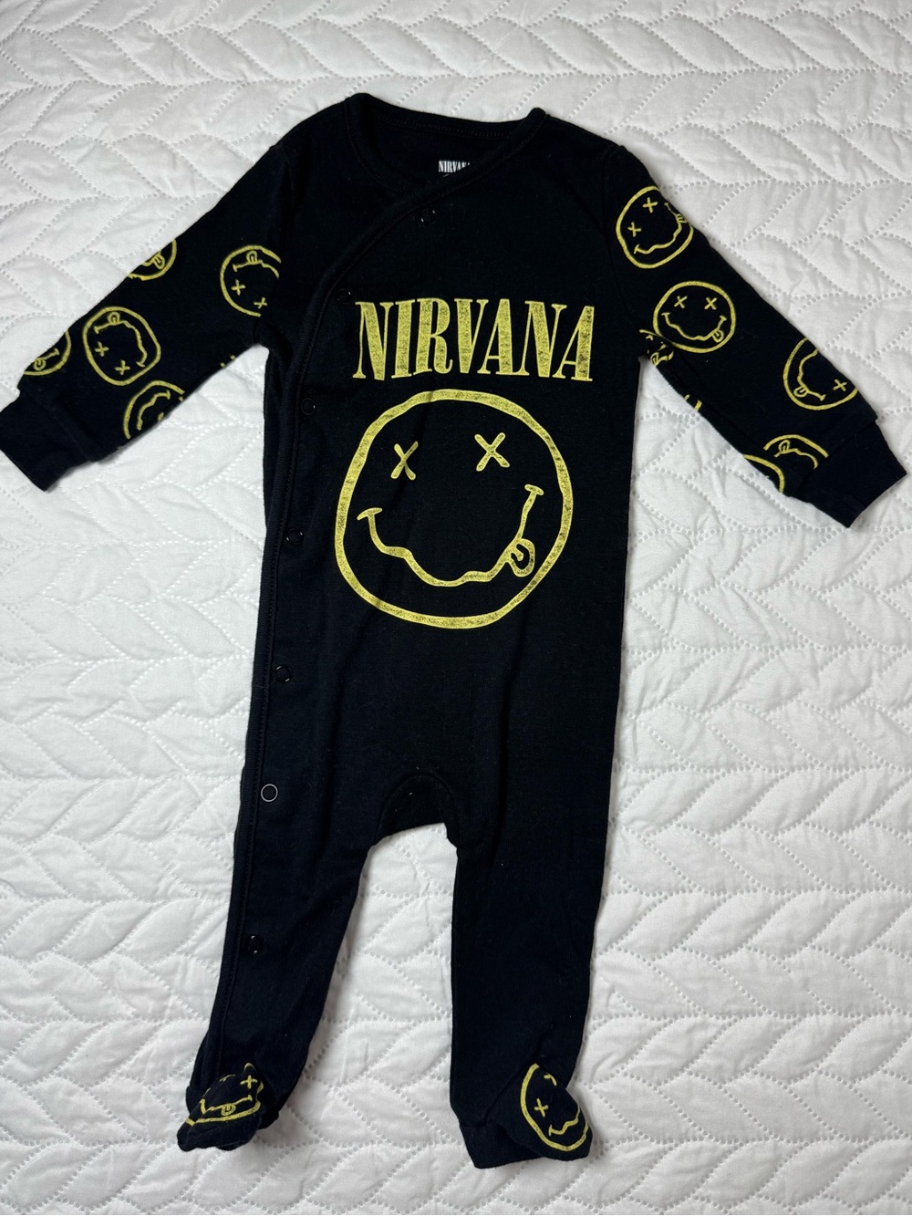 Official Nirvana Smiley Face Graphic Footie Baby Sleeper Black 3-6M